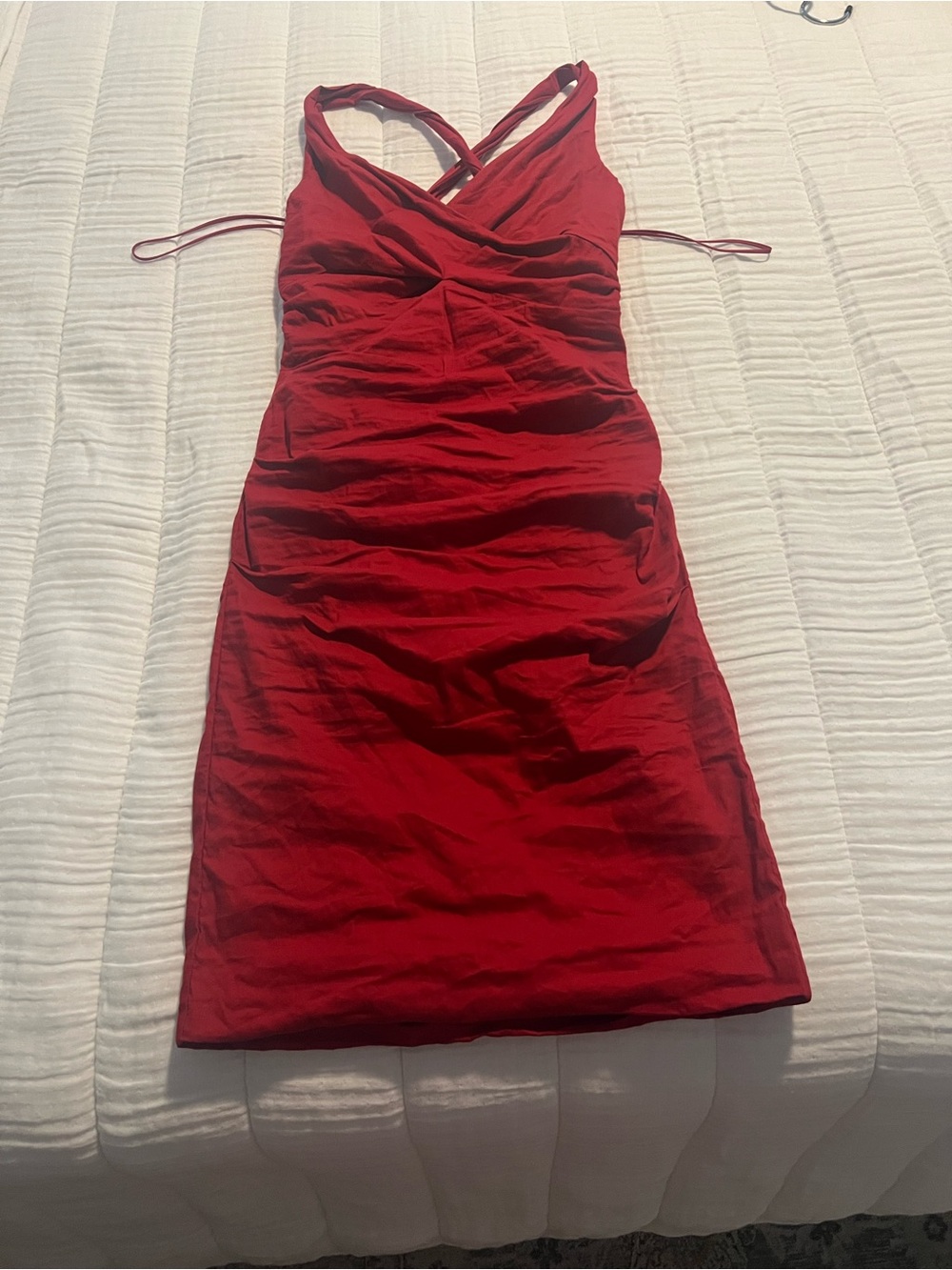 Nicole Miller Red Ruched Cross-Back Mini Dress